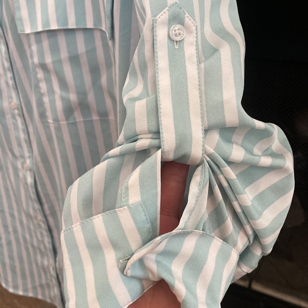 Calvin Klein mint green and white striped blouse. XL - Picture 5 of 10